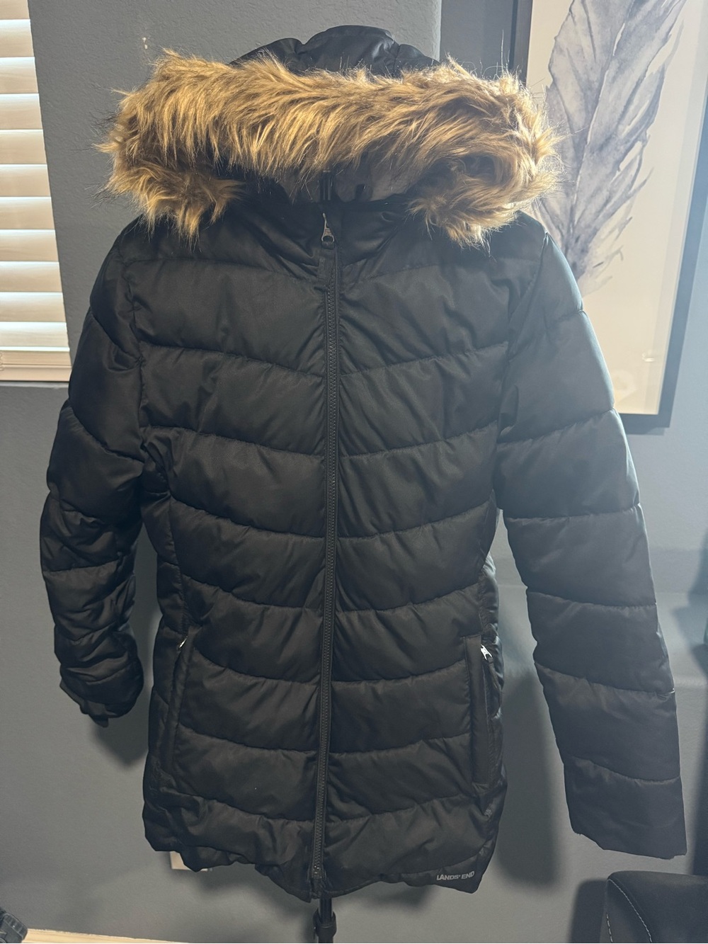 Lands' End Black Quilted Puffer Coat with Faux Fur-Trim Hood 14/16